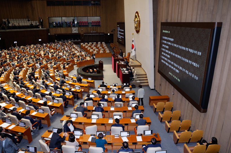 우원식 국회의장이 5일 오후 서울 여의도 국회 본회의에서 검사징계법 일부개정법률안과 3특검법 상정을 알리고 있다. 2025.6.5/뉴스1 ⓒ News1 안은나 기자
