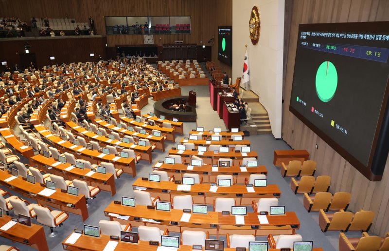 5일 오후 서울 여의도 국회에서 열린 제426회 국회(임시회) 제1차 본회의에서 김건희와명태균ㆍ건진법사관련국정농단및불법선거개입사건등진상규명을위한특별검사임명등에관한법률안이 통과되고 있다. /사진=뉴시스화상
