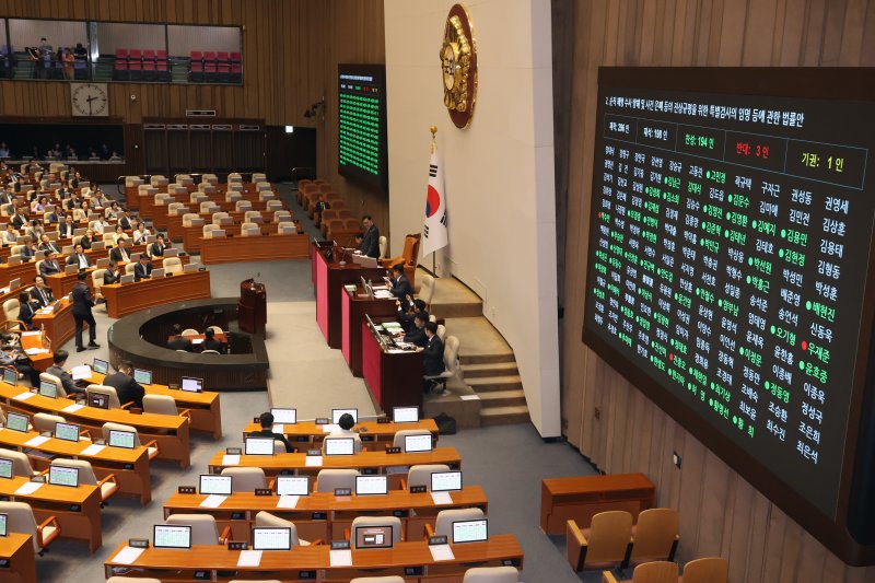 [서울=뉴시스] 조성우 기자 = 5일 오후 서울 여의도 국회에서 열린 제426회 국회(임시회) 제1차 본회의에서 순직해병수사방해및사건은폐등의진상규명을위한특별검사의임명등에관한법률안이 통과되고 있다. 2025.06.05. xconfind@newsis.com
