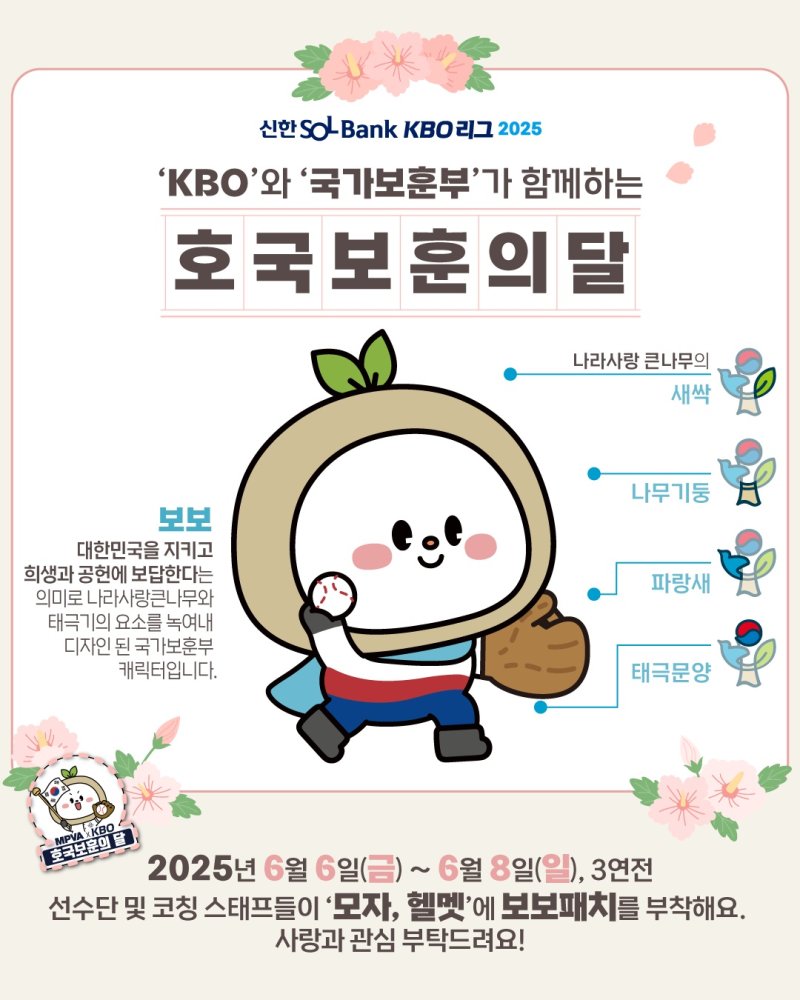[서울=뉴시스] 6일부터 8일까지 현충일 3연전 기간 동안 프로야구 10개 구단 선수단은 국가보훈부 캐릭터 보보 패치를 달고 경기를 진행한다. (사진=KBO 제공) 2025.06.06. *재판매 및 DB 금지