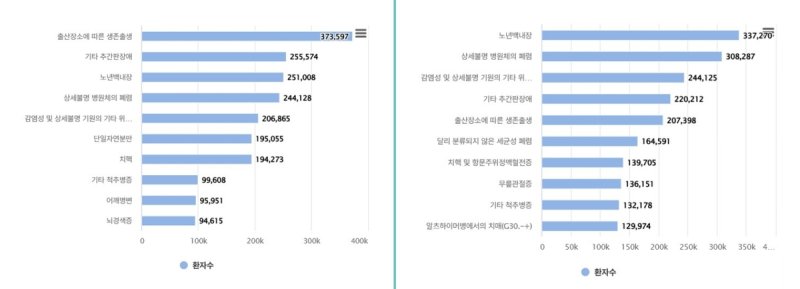 2014년(왼쪽)과 2024년의 입원 다빈도 질병 상위 10위 (출처=연합뉴스)