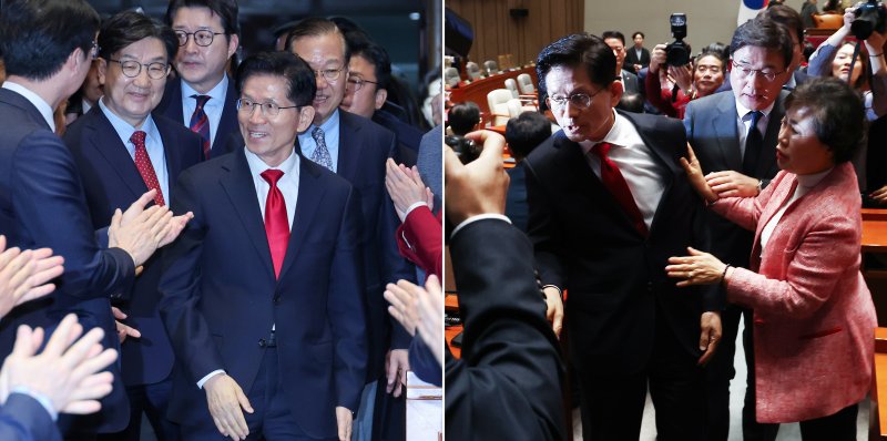 김문수 국민의힘 대통령 후보가 지난달 9일 서울 여의도 국회에서 권영세 비대위원장, 권성동 원내대표와 의원총회에 입장하며 박수를 받는 모습(왼쪽)과 김 후보가 지도부를 향해 "무소속을 당 후보 만들려 불법부당 수단 동원, 중단하라＂며 입장을 밝힌 뒤 의총장을 떠나자 의원들이 붙잡는 모습. 2025.5.9/뉴스1 ⓒ News1 김민지 기자,안은나 기자