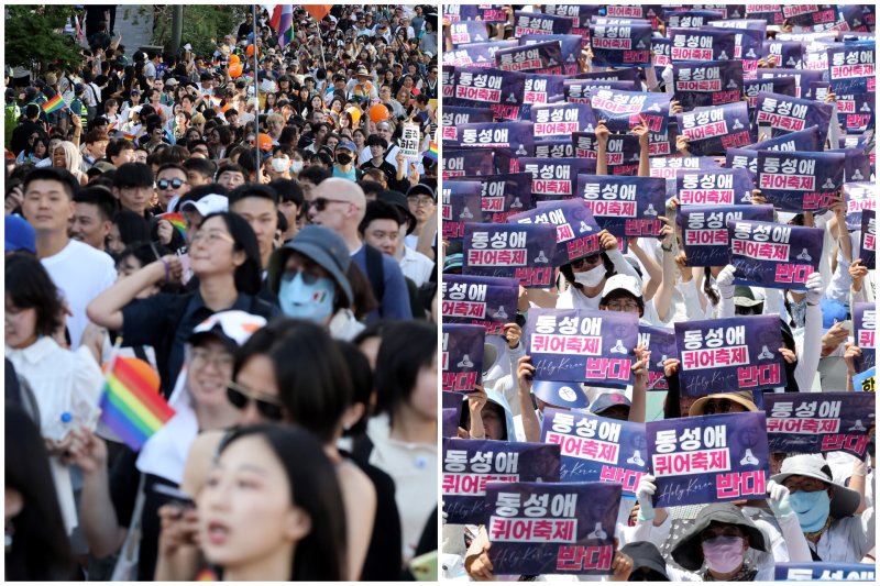 지난해 6월 1일 오후 서울 중구 종각역과 서울시의회 일대에서 서울 퀴어 퍼레이드(왼쪽)와 동성애 퀴어행사 반대 국민대회가 각각 열리고 있다. 2024.6.1/뉴스1 ⓒ News1 이동해 기자