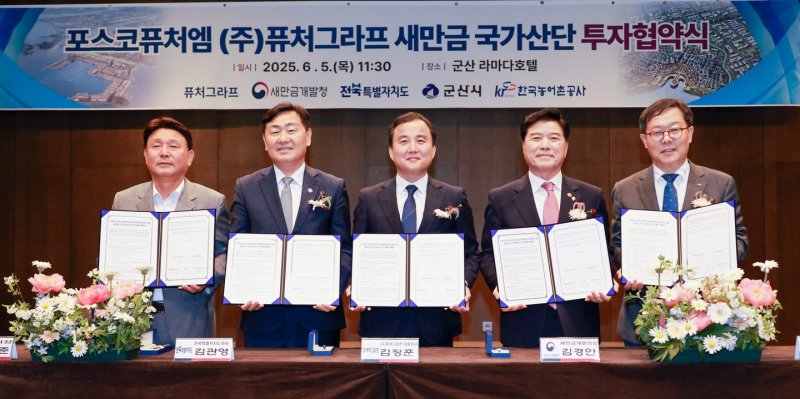 강임준 군산시장(왼쪽부터)과 김관영 전북도지사, 김정훈 퓨처그라프 대표이사, 김경안 새만금개발청장, 김우상 한국농어촌공사 이사가 지난 5일 열린 협약식에서 협약서를 들어보이고 있다. 안전한 바카라 사이트 제공