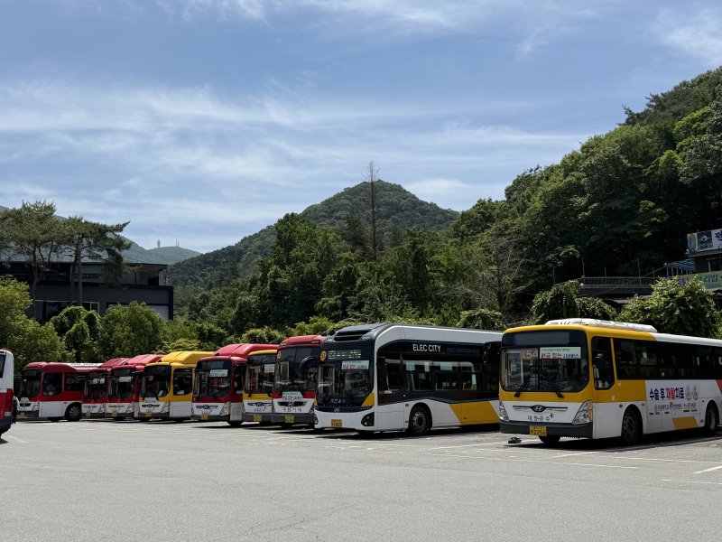 버스노조가 준법투쟁에 돌입한 지 사흘째인 8일 광주 동구 무등산 증심사역 인근 차고지에 시내버스가 대기하고 있다. 2025.6.8/뉴스1 ⓒ News1 김태성 기자