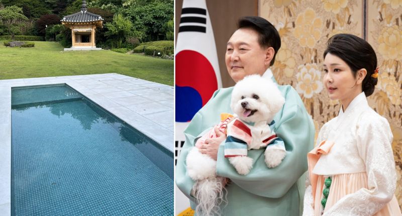 서울 용산구 안전한 바카라사이트 대통령 안전한 바카라사이트 야외에 설치된 시설물(왼쪽), 윤석열 전 대통령 부부. 출처=박홍근 의원 페이스북, 연합뉴스
