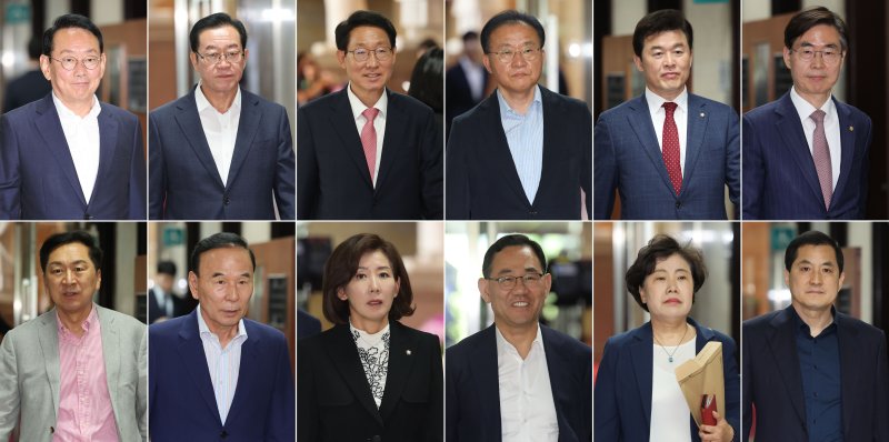 [서울=뉴시스] 권창회 기자 = 국민의힘 의원들이 9일 오전 서울 여의도 국회 원내대표실에서 4선 의원 이상 회의에 참석하고 있다. 사진 왼쪽 위부터 김도읍, 이종배, 김상훈, 윤재옥, 윤영석, 조경태, 김기현, 박덕흠, 나경원, 주호영, 조배숙, 박대출 의원.2025.06.09. kch0523@newsis.com