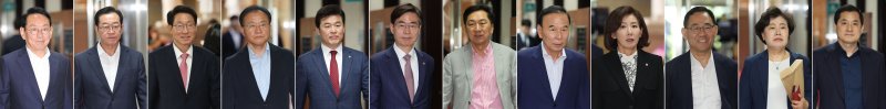 [서울=뉴시스] 권창회 기자 = 국민의힘 의원들이 9일 오전 서울 여의도 국회 원내대표실에서 4선 의원 이상 회의에 참석하고 있다. 사진 왼쪽부터 김도읍, 이종배, 김상훈, 윤재옥, 윤영석, 조경태, 김기현, 박덕흠, 나경원, 주호영, 조배숙, 박대출 의원.2025.06.09. kch0523@newsis.com