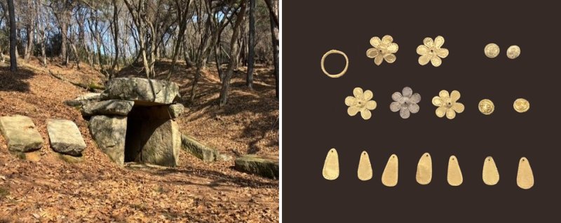 [정읍=뉴시스] 왼족 은 발굴대상인 백제 마한시대 고문 중 하나, 오른쪽은 단계적 시굴·발굴조사를 통해 발견된 유물 금제 장신구. *재판매 및 DB 금지