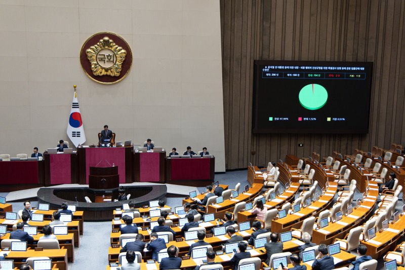 5일 오후 서울 여의도 국회 본회의에서 내란 바카라 베팅법(윤석열 전 대통령 등에 의한 내란·외환 행위의 진상규명을 위한 특별검사 임명 등에 관한 법률안)이 통과되고 있다. 2025.6.5/뉴스1 ⓒ News1 이재명 기자