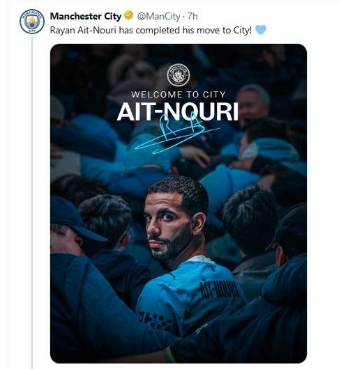 아이트누리의 영입을 발표한 맨시티. (출처=연합뉴스)