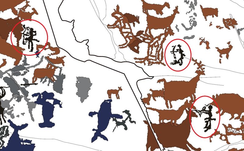 울주 대곡리 반구대 암각화의 활쏘기 조각 (빨간색 원안). 울산시 제공