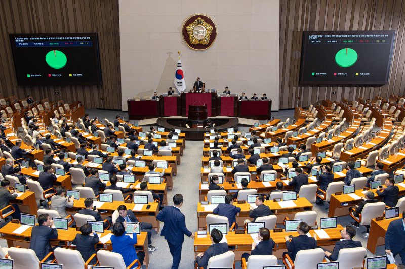 5일 오후 서울 여의도 국회 본회의에서 김건희 여사 특검법(김건희와 명태균·건진법사 관련 국정농단 및 불법 선거 개입 사건 등 진상규명을 위한 특별검사 임명 등에 관한 법률안)이 통과되고 있다. 2025.6.5/뉴스1 ⓒ News1 이재명 기자
