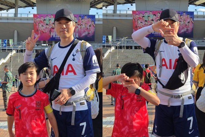 [서울=뉴시스] 하근수 기자= 홍명보호와 쿠웨이트의 2026 국제축구연맹(FIFA) 북중미 월드컵 아시아 지역 3차 예선 B조 최종 10차전을 관람하기 위해 서울월드컵경기장을 찾은 김경언 군과 김영선 부자. 2025.06.10. hatriker22@newsis.com
