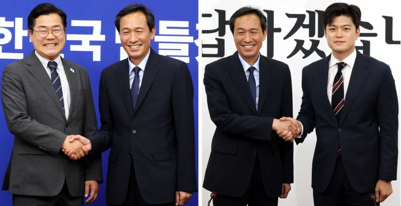 [서울=뉴시스] 조성봉 기자= 우상호 대통령실 정무수석이 10일 오후 서울 여의도 국회에서 박찬대 더불어민주당 당대표 직무대행 겸 원내대표와 김용태(오른쪽 사진) 국민의힘 비상대책위원장을 각각 예방하며 악수를 하고고 있다. 2025.06.10. suncho21@newsis.com