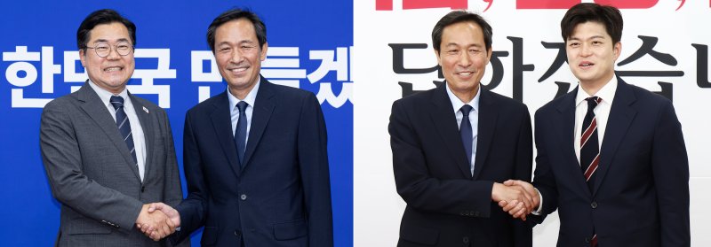 우상호 신임 대통령실 정무수석이 10일 오후 서울 여의도 국회에서 박찬대 더불어민주당 대표 직무대행 겸 원내대표와 김용태 국민의힘 비상대책위원장을 각각 예방하고 있다. 2025.6.10/뉴스1 ⓒ News1 김민지 기자,이재명 기자