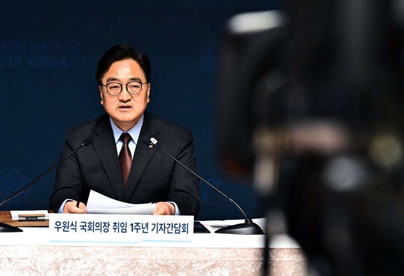 우원식 국회의장이 11일 오전 서울 여의도 국회에서 열린 취임 1주년 기자간담회에서 발언하고 있다. 2025.6.11/뉴스1 ⓒ News1 국회사진기자단