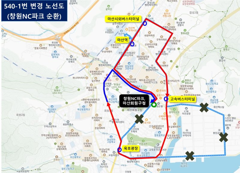 [창원=뉴시스] 강경국 기자 = 경남 창원시가 오는 13일 오후 9시45분부터 운영하는 시내버스 순환노선 540-1번 노선도. (사진=창원시청 제공). 2025.06.11. photo@newsis.com *재판매 및 DB 금지
