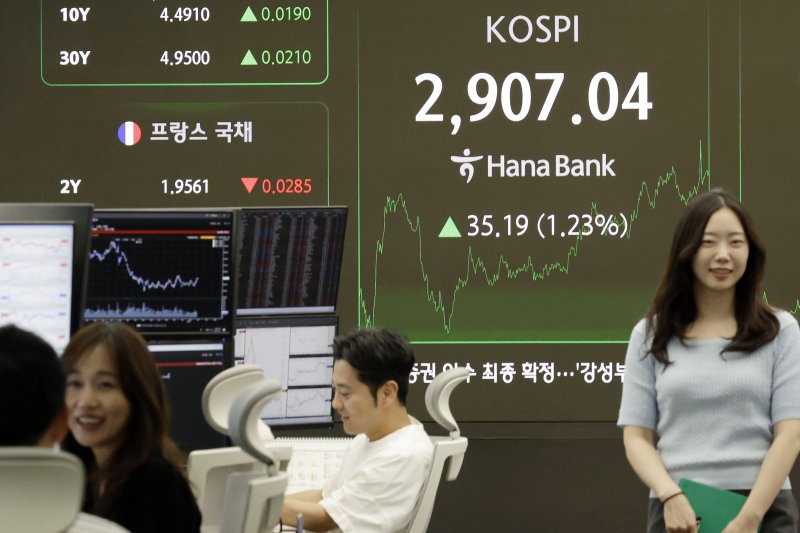 [서울=뉴시스] 최동준 기자 = 코스피 지수가 전 거래일보다 35.19포인트(1.23%) 오른 2,907.04로 장을 마친 11일 서울 중구 하나은행 딜링룸에서 딜러들이 업무를 보고 있다. 2025.06.11. photocdj@newsis.com