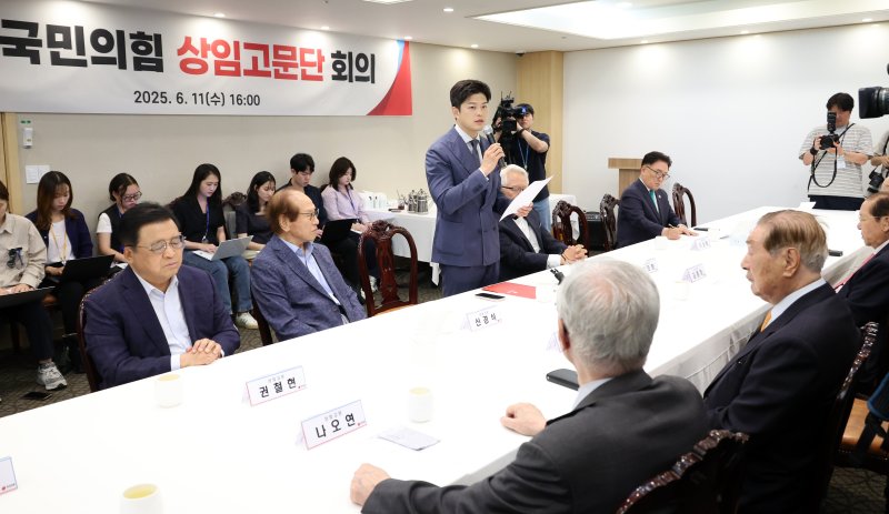 [서울=뉴시스] 조성우 기자 = 김용태 국민의힘 비상대책위원장이 11일 오후 서울 여의도의 한 식당에서 열린 상임고문단 회의에서 발언하고 있다. 2025.06.11. xconfind@newsis.com