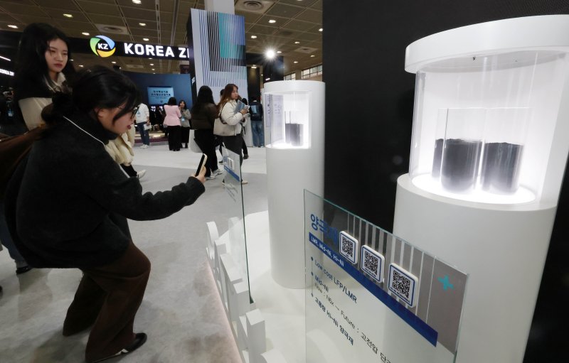 5일 서울 강남구 코엑스에서 개막한 ‘인터배터리 2025’ 포스코퓨처엠 부스를 찾은 관람객이 양극재와 세계 카지노를 살펴보고 있다.(자료사진) 2025.3.5/뉴스1 ⓒ News1 박세연 기자