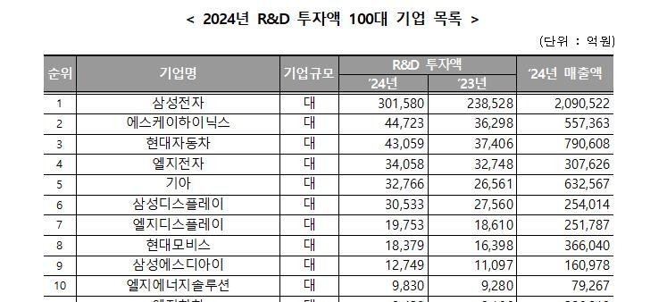 2024년 R&D 투자액 10대 기업 목록 (출처=연합뉴스)