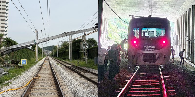 13일 오전 서울 서대문구 경의중앙선 가좌역∼신촌역 구간 선로 위로 사다리차가 넘어져 있다(왼쪽). 이사고로 가좌역에서 신촌역으로 향하던 열차가 멈춰 승객들이 대피하고 있다(오른쪽). 이 사고로 전기 공급 장애가 발생해 열차 운행이 지연됐으며 현재는 복구가 완료됐다. (독자 제공. 재판매 및 DB금지) 2025.6.13/뉴스1