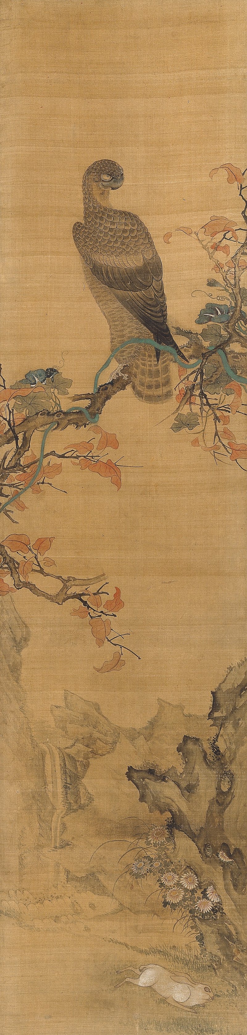 장승업(張承業, 1843~1897) 기응치토飢鷹馳兎 조선 19세기, 비단에 엷은 색 143.2×34.5cm, 간송미술문화재단 소장 *재판매 및 DB 금지