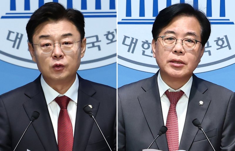 국민의힘 김성원(왼쪽), 송언석 의원이 12일 오전 서울 여의도 국회 소통관에서 각각 더킹플러스 카지노대표 출마 기자회견을 하고 있다. 2025.6.12/뉴스1 ⓒ News1 김민지 기자