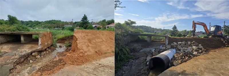 [군산=뉴시스] 충량저수지 제방 유실 모습(왼쪽)과 충량저수지 긴급복구 중 모습. (사진= 한국농어촌공사 전북지역뱅크카지노 제공) *재판매 및 DB 금지
