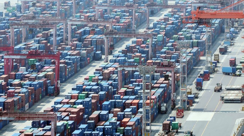 [부산=뉴시스] 하경민 기자 = 부산 남구 신선대부두 야적장에 수출입 컨테이너가 가득 쌓여 있다. 2025.06.01. yulnetphoto@newsis.com