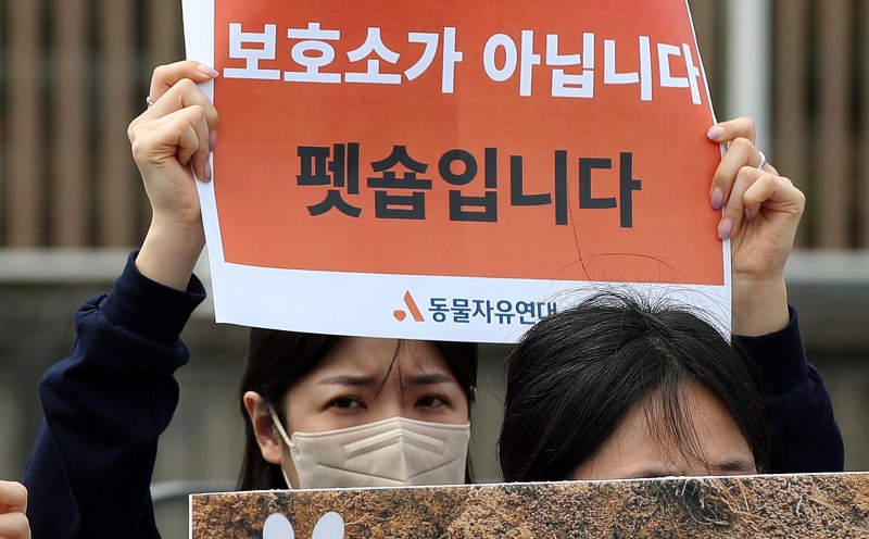 동물보호단체 관계자들이 30일 서울 용산 대통령 집무실 앞에서 열린 신종펫샵 사기 및 동물보호법 위반 고발 기자회견에서 보호소 사칭 펫숍의 참혹한 실체를 알리고 있다. 고 밝혔다. 2023.5.30/뉴스1 ⓒ News1 박지혜 기자