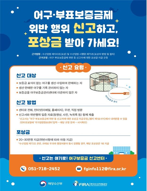 해수부, 어구보증금제 위반 신고시 포상금 지급