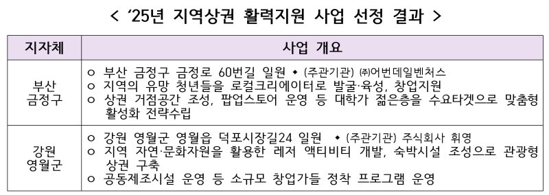 2025년 지역상권 활력지원 사업 선정 결과 (중소벤처기업부 제공)