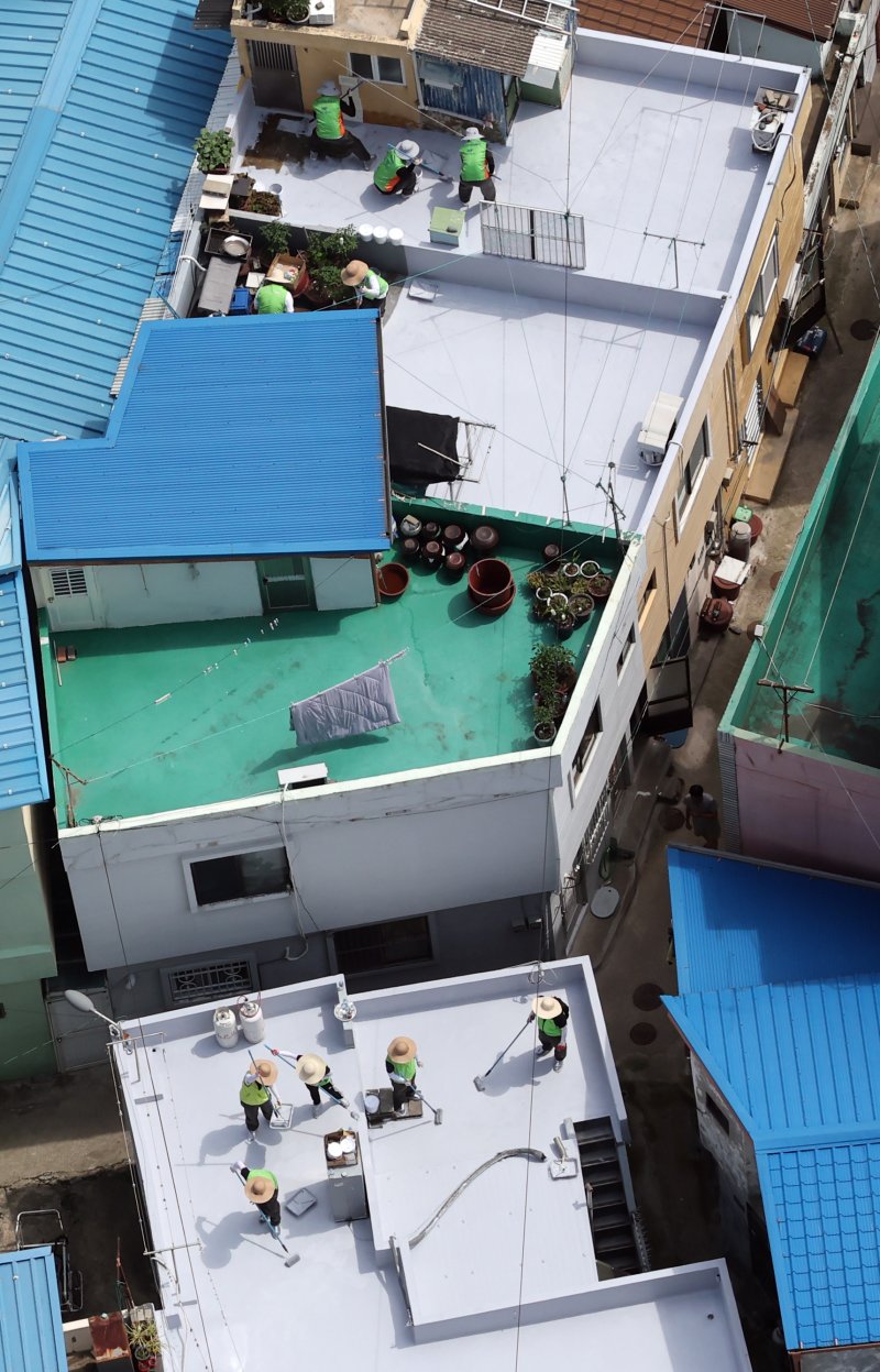 [부산=뉴시스] 하경민 기자 = 부산시자원봉사센터와 7개 기업·기관, 대학생 자원봉사자 등 130여 명이 17일 부산 남구 문현2동 일대 주택 20여 곳의 옥상에서 쿨루프(Cool Roof) 열차단 페인트를 도포하는 봉사활동을 하고 있다.쿨루프는 태양열 반사 및 열 차단 효과가 있는 친환경 도료를 주택 지붕 및 옥상에 도포해 실내온도를 효과적으로 낮추는 기술이다. 2025.06.17. yulnetphoto@newsis.com