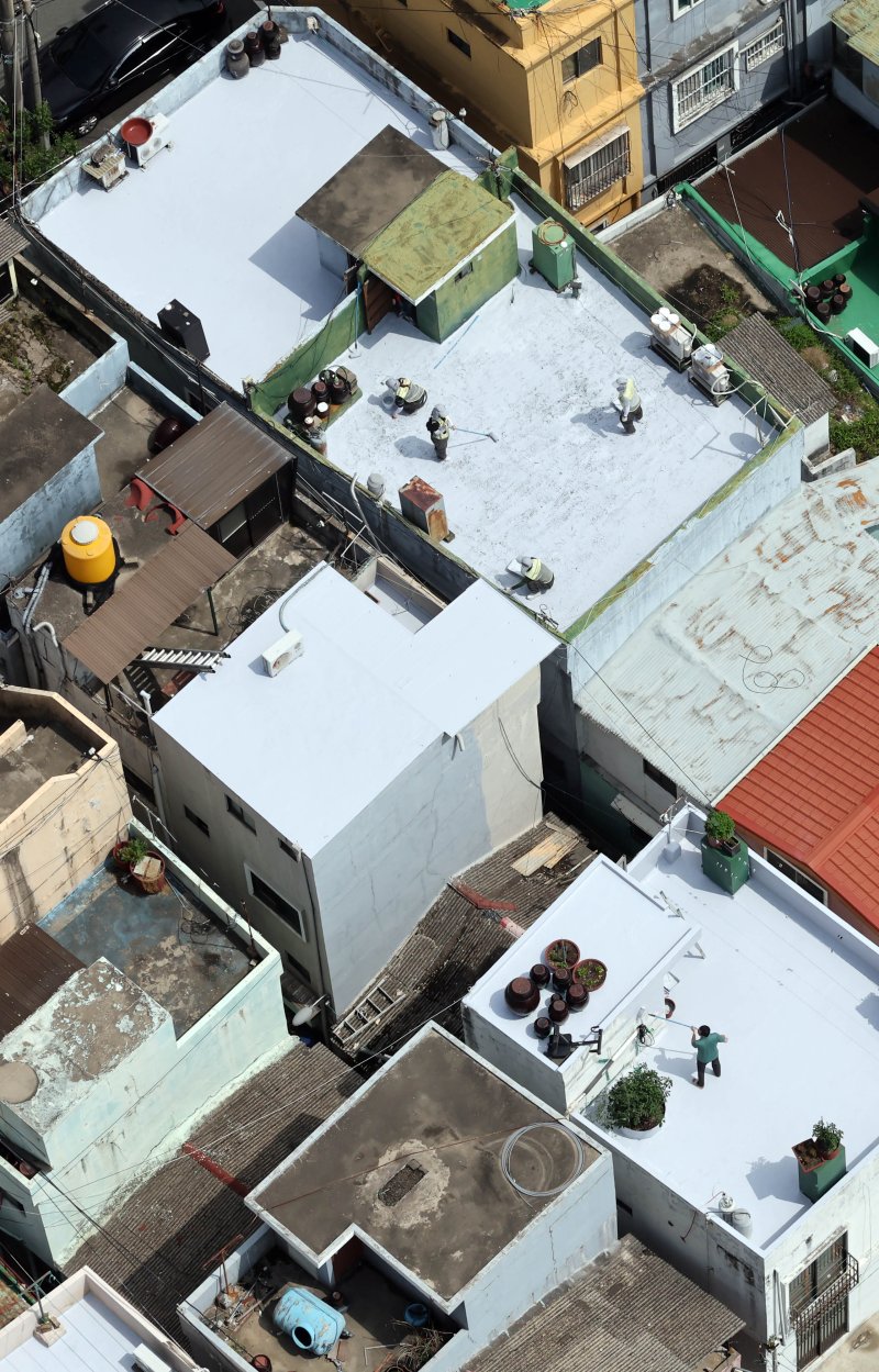 [부산=뉴시스] 하경민 기자 = 부산시자원봉사센터와 7개 기업·기관, 대학생 자원봉사자 등 130여 명이 17일 부산 남구 문현2동 일대 주택 20여 곳의 옥상에서 쿨루프(Cool Roof) 열차단 페인트를 도포하는 봉사활동을 하고 있다.쿨루프는 태양열 반사 및 열 차단 효과가 있는 친환경 도료를 주택 지붕 및 옥상에 도포해 실내온도를 효과적으로 낮추는 기술이다. 2025.06.17. yulnetphoto@newsis.com