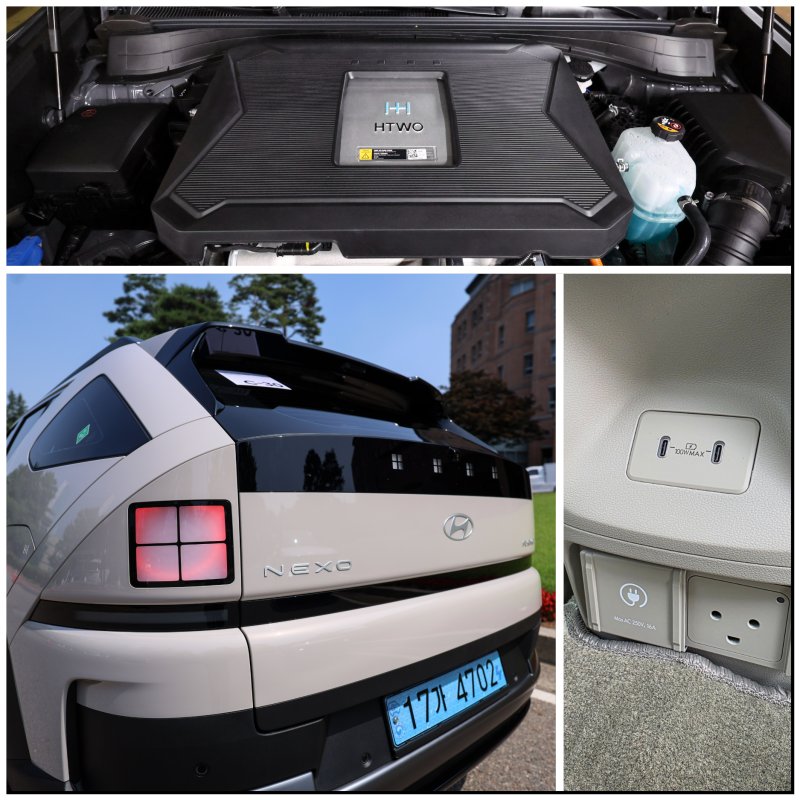 [서울=뉴시스] 김근수 기자 = 지난 18일 서울 강서구 메이필드호텔에서 열린 현대차 디 올 뉴 넥쏘 미디어 시승회에서 차량이 주차되어 있는 모습. 위쪽부터 시계 방향으로 디 올 뉴 넥쏘 엔진룸, 실내 V2L 단자, 차량 외부 모습. 2025.06.20. ks@newsis.com *재판매 및 DB 금지