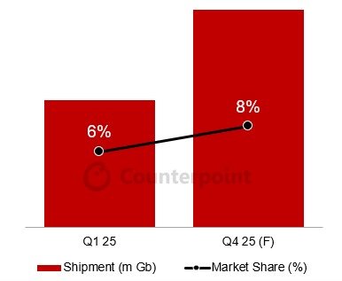 중국 창신메모리테크놀로지(CXMT) 1~4분기 D램 출하량 기준 시장 점유율 전망(카운터포인트리서치)