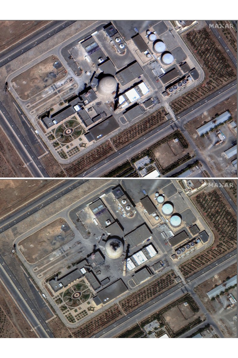 [아라크=AP/뉴시스] 맥사 테크놀로지스가 지난 18일(현지 시간) 제공한 위성 조합 사진에 이스라엘의 공습 이전 이란의 아라크 중수로 시설(위)과 공습 이후의 모습(아래)이 보인다. 2025.06.20.