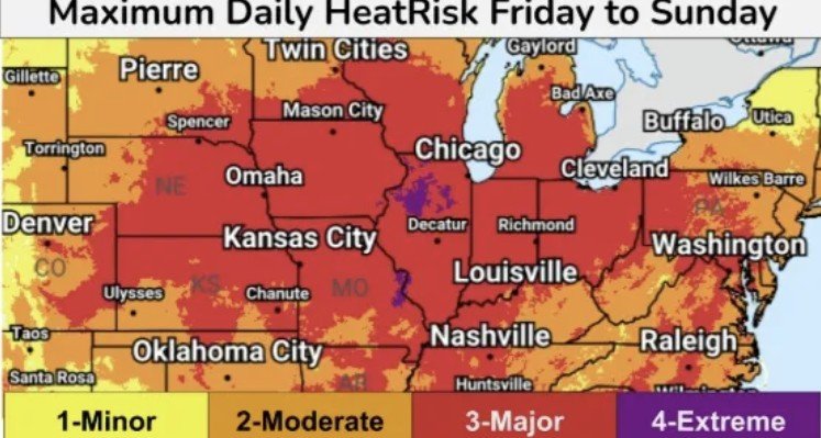 [서울=뉴시스] 미 국립기상청은 일부 지역에서 '극한 열 위험'(Extreme Heat Risk) 지수가 최고 단계인 4등급까지 치솟을 수 있다고 경고했다. (사진=미 국립기상청 홈페이지 갈무리) 2025.06.20 *재판매 및 DB 금지