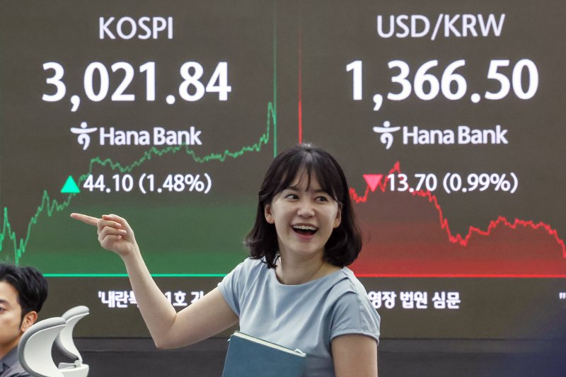 20일 오후 서울 중구 하나은행 딜링룸 전광판에 온라인바카라 지수가 전일 대비 44.10포인트(1.48%) 상승한 3,021.84를, 원·달러환율은 13.30원(0.96%) 하락한 1,366.90원을 나타내고 있다. 온라인바카라가 종가 기준 3000선을 마지막으로 넘긴 건 지난 2021년 12월 28일(3020.24) 이후 3년 6개월여 만이다. 2025.6.20/온라인바카라1 ⓒ News1 민경석 기자