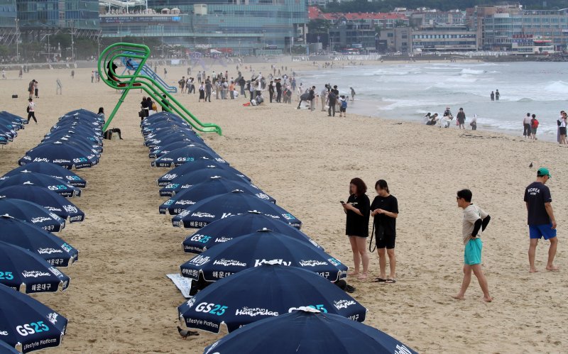 부산 해운대해수욕장이 개장한 후 첫 주말을 맞은 22일 해운대해수욕장에 파라솔이 설치돼 있다. 2025.6.22/뉴스1 ⓒ News1 윤일지 기자