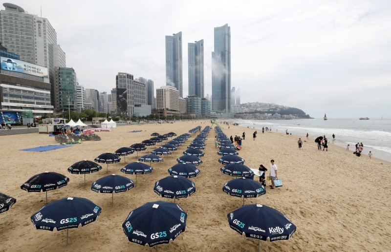 부산 해운대해수욕장이 개장한 후 첫 주말을 맞은 22일 해운대해수욕장에 파라솔이 설치돼 있다. 2025.6.22/뉴스1 ⓒ News1 윤일지 기자
