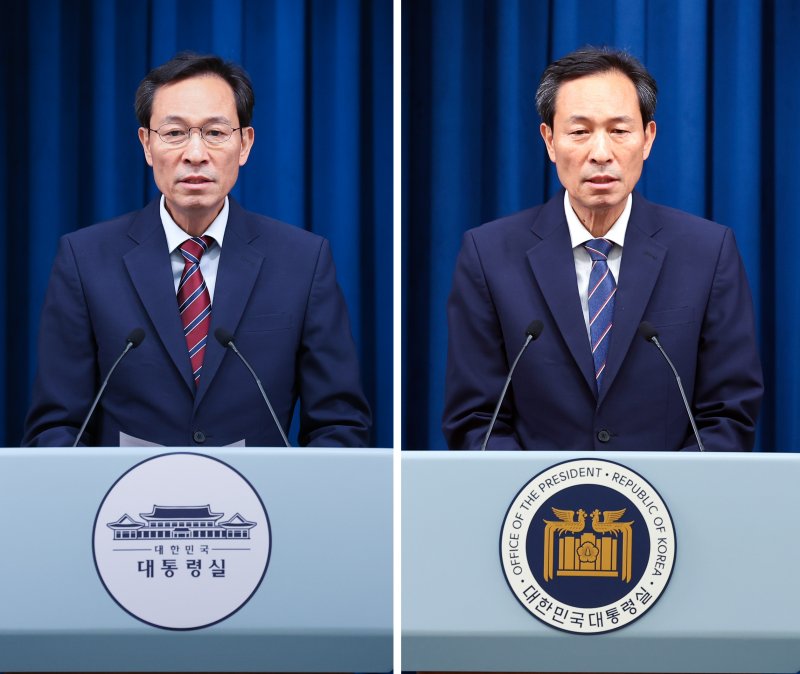 [서울=뉴시스] 최진석 기자 = 우상호 정무수석이 22일 서울 용산 대통령실에서 브리핑을 하고 있는 연단에 과거 청와대에서 사용하던 업무표장이 붙어있다. 오른쪽은 지난 19일 우상호 정무수석 브리핑 당시 지난 정권에서 사용했던 표장이 붙어 있는 모습. 대통령실은 지난 13일 보도자료를 통해 청와대 복귀 추진에 따라, 이재명 정부는 용산 대통령실 청사를 형상화한 현재의 대통령실 업무표장 사용을 지양하고, 과거 청와대에서 사용하던 업무표장을 다시 사용하기로 했다. 2025.06.22. myjs@newsis.com