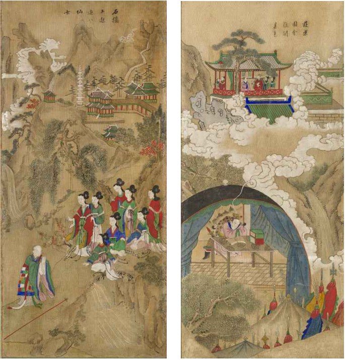 [서울=뉴시스] 구운몽도 병품 성진이 팔선녀를 만나는 장면(1폭) (오른쪽)양소유가 용왕의 딸 백능파를 만나는 꿈을 꾸는 장면(6폭) (사진=국가유산청 제공:) 2025.06.23. photo@newsis.com *재판매 및 DB 금지