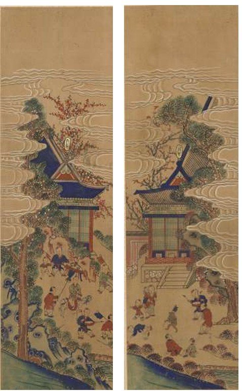 [서울=뉴시스] 백동자도 병풍 (왼쪽)관리 행차를 흉내 내는 아이들(8폭) (오른쪽)지혜를 상징하는 원숭이와 노는 아이들(9폭) (사진=국가유산청 제공) 2025.06.23. photo@newsis.com *재판매 및 DB 금지