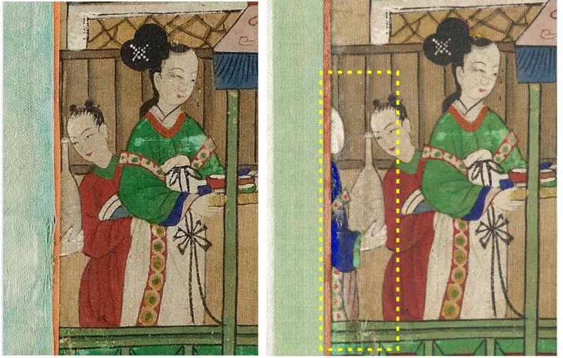 [서울=뉴시스] 구운몽도 병풍 장황 직물에 가려져 있던 그림이 발견되어, 화면을 넓혀 그림이 드러나도록 새롭게 장황함 ((왼쪽: 보존처리 전, 오른쪽: 보존처리 후) (사진=국가유산청 제공0 2025.06.23. photo@newsis.com *재판매 및 DB 금지