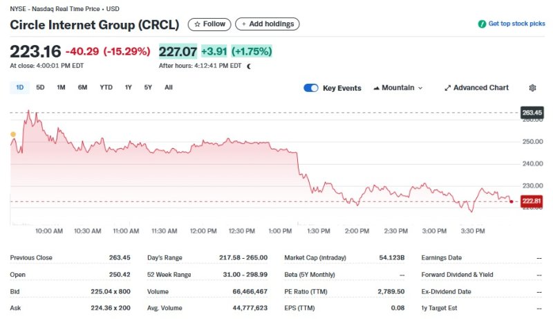 서클 일일 주가추이 - 야후 파이낸스 갈무리