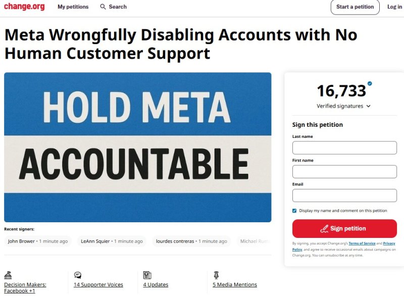 [서울=뉴시스] 글로벌 온라인 청원 사이트 '체인지닷오알지'에서는 메타의 소셜네트워크서비스(SNS) 계정 대량 정지 사태에 대한 조속한 해결 촉구 청원에 1만7000여명(한국 시간 25일 오전 9시 기준)이 서명했다. 2025.06.25. (사진=체인지닷오알지 홈페이지 캡처) *재판매 및 DB 금지