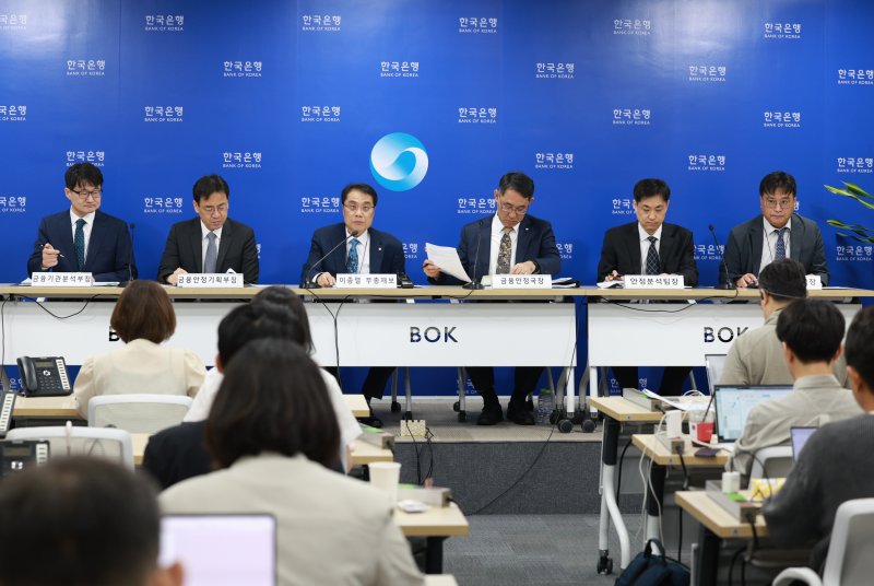 한국은행에서 열린 금융안정보고서(2025년 6월) 설명회. 왼쪽부터 이종한 금융기관분석부장, 임광규 금융안정기획부장, 이종렬 부총재보, 장정수 금융안정국장, 문용필 안정분석팀장, 고경철 전자금융팀장. (한은 제공)